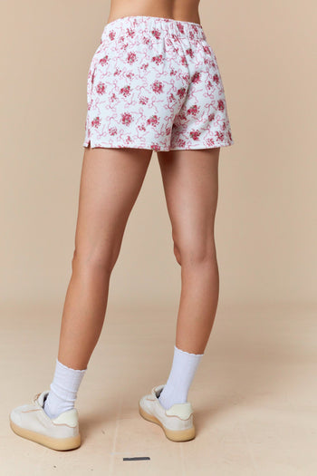 Peach Love Floral and Bow Print Terry Knit Shorts in Off White/Pink