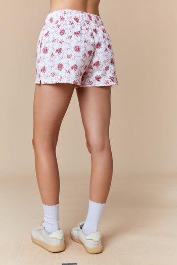 Peach Love Floral and Bow Print Terry Knit Shorts in Off White/Pink