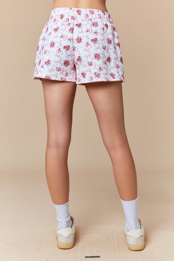 Peach Love Floral and Bow Print Terry Knit Shorts in Off White/Pink