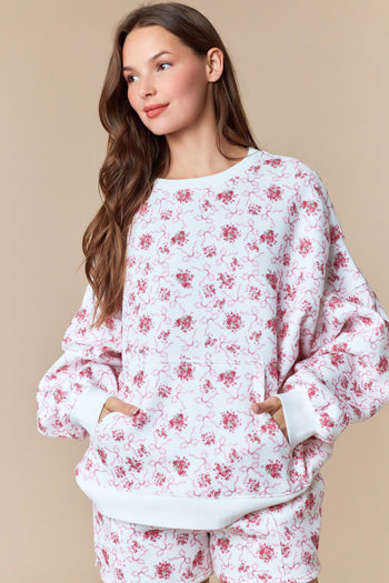 Peach Love Floral and Bow Print Terry Knit Sweatshirt in Off White/Pink