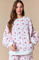Peach Love Floral and Bow Print Terry Knit Sweatshirt in Off White/Pink