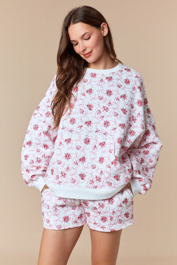Peach Love Floral and Bow Print Terry Knit Sweatshirt in Off White/Pink