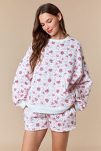 Load image into Gallery viewer, Peach Love Floral and Bow Print Terry Knit Sweatshirt in Off White/Pink
