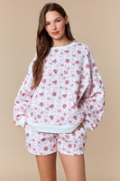 Peach Love Floral and Bow Print Terry Knit Sweatshirt in Off White/Pink