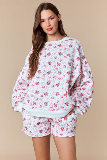 Peach Love Floral and Bow Print Terry Knit Sweatshirt in Off White/Pink