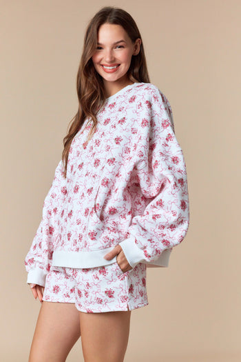 Peach Love Floral and Bow Print Terry Knit Sweatshirt in Off White/Pink