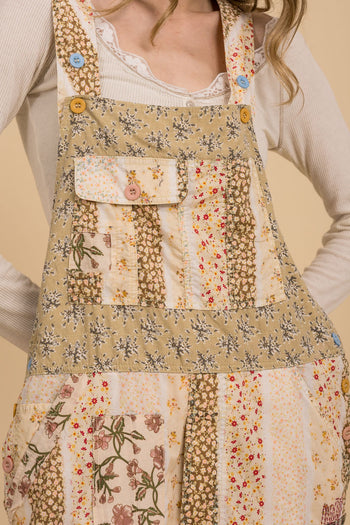 BlueVelvet Mixed Patchwork Print Overalls in Natural Multi