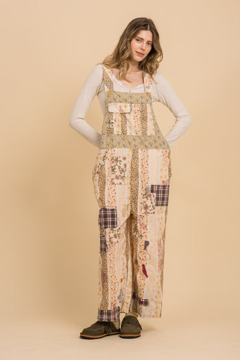 BlueVelvet Mixed Patchwork Print Overalls in Natural Multi