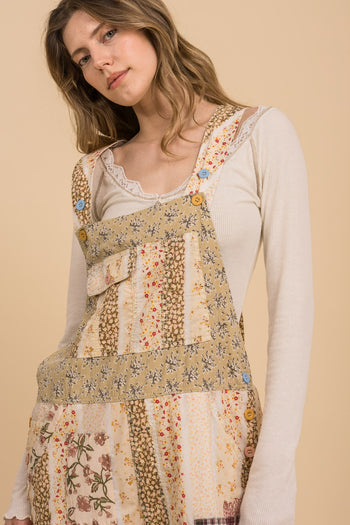 BlueVelvet Mixed Patchwork Print Overalls in Natural Multi