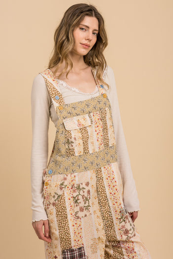 BlueVelvet Mixed Patchwork Print Overalls in Natural Multi