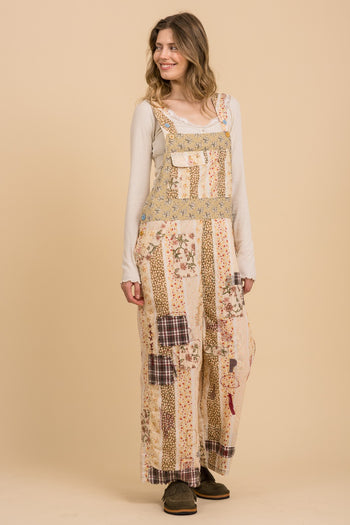 BlueVelvet Mixed Patchwork Print Overalls in Natural Multi