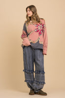 BlueVelvet Multi Flower Patched Color Block Top in Pink Multi