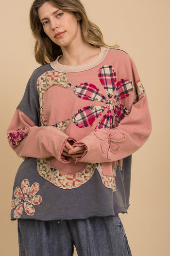 BlueVelvet Multi Flower Patched Color Block Top in Pink Multi
