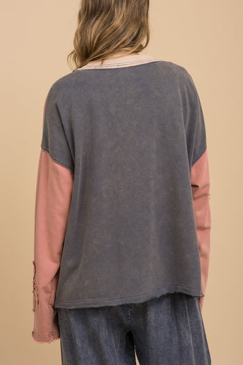 BlueVelvet Multi Flower Patched Color Block Top in Pink Multi