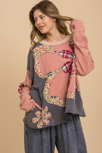 BlueVelvet Multi Flower Patched Color Block Top in Pink Multi