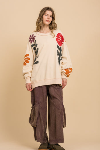 BlueVelvet Growing Flower Patched OVERSIZED Top in Natural