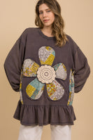 BlueVelvet French Terry Flower Patchwork Top in Washed Denim