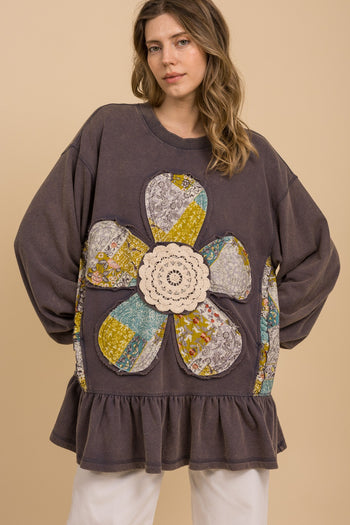 BlueVelvet French Terry Flower Patchwork Top in Washed Denim