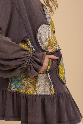 BlueVelvet French Terry Flower Patchwork Top in Washed Denim