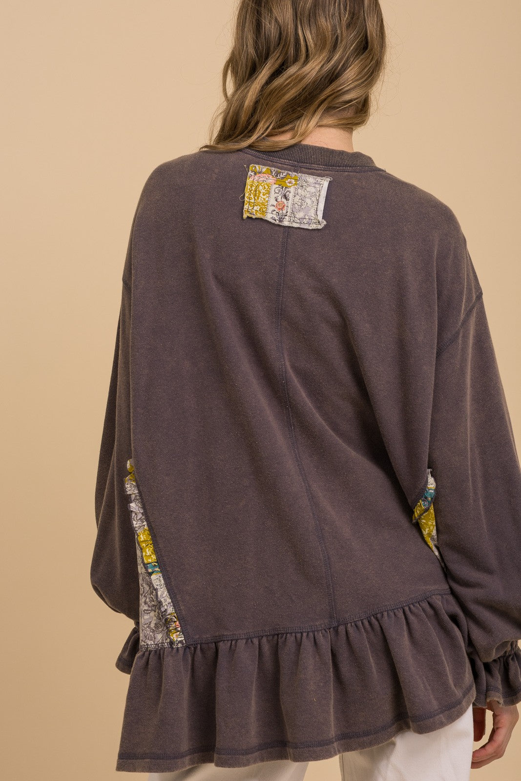BlueVelvet French Terry Flower Patchwork Top in Washed Denim