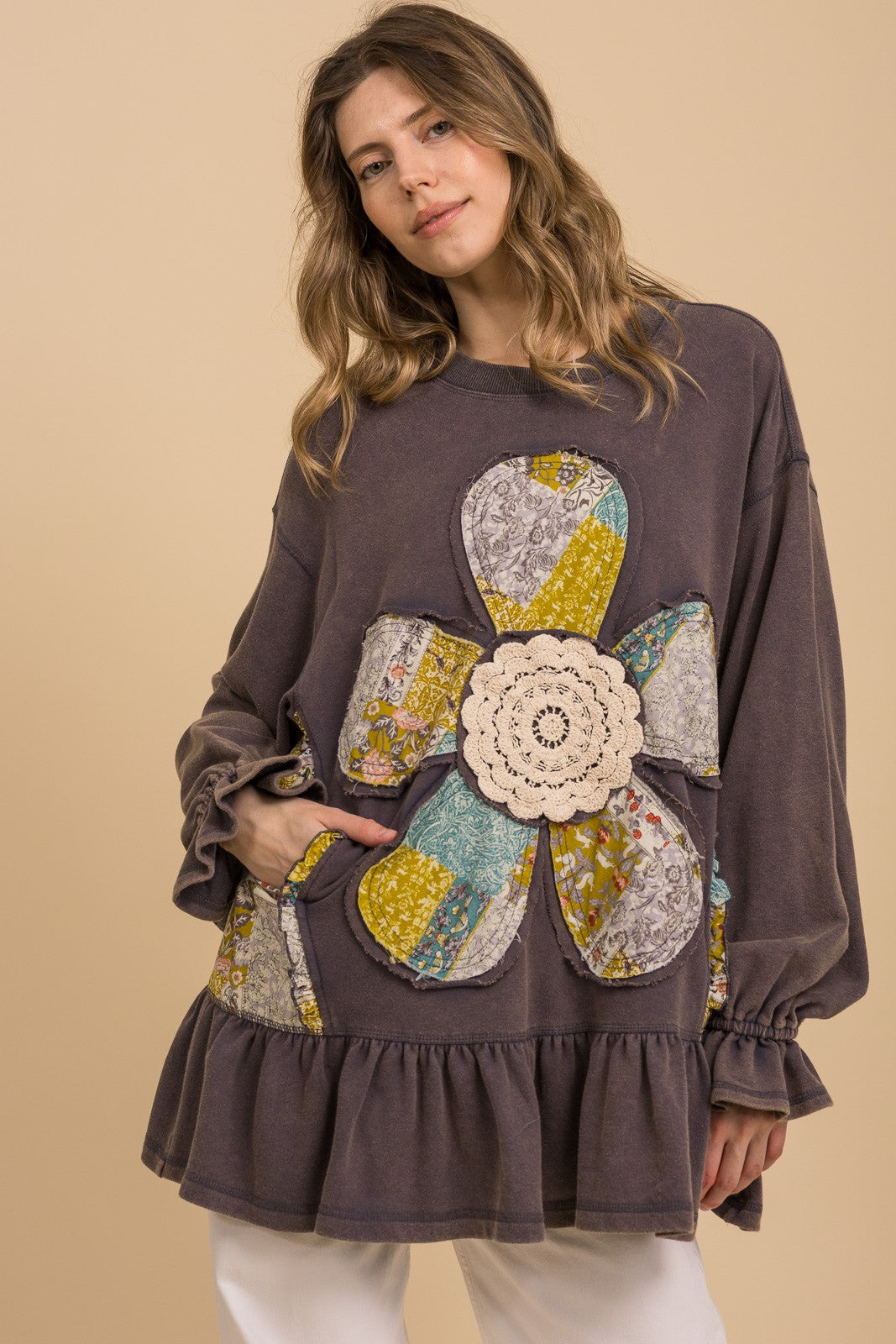 BlueVelvet French Terry Flower Patchwork Top in Washed Denim