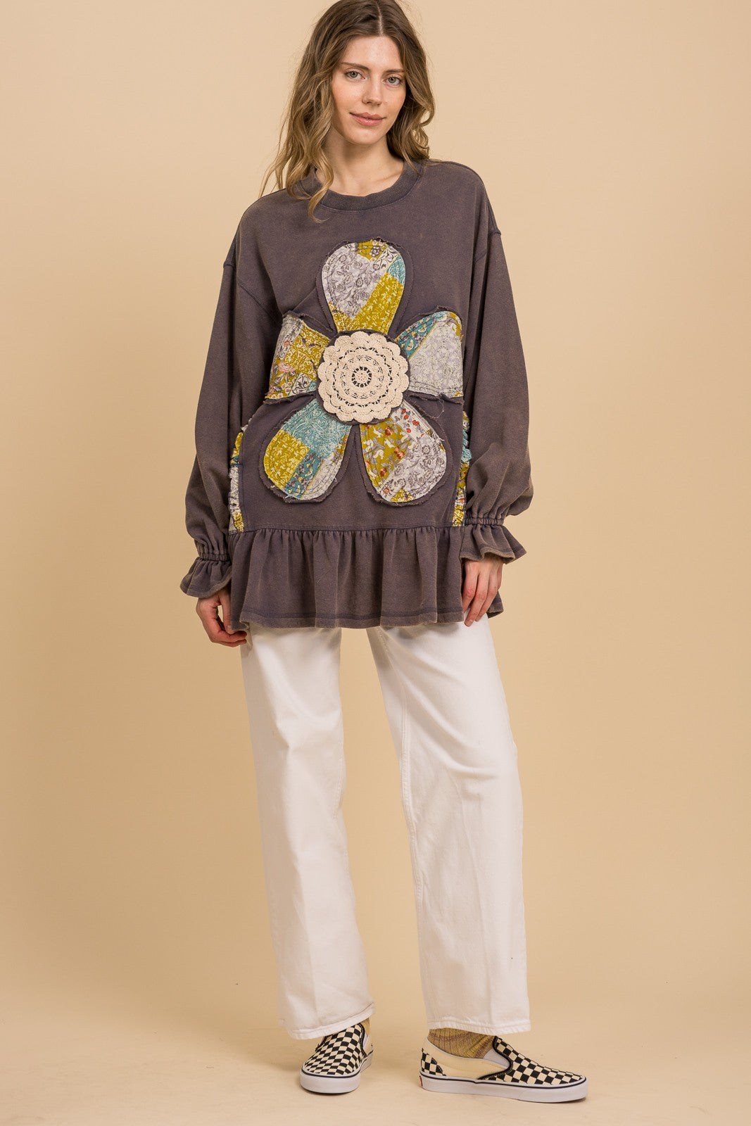 BlueVelvet French Terry Flower Patchwork Top in Washed Denim