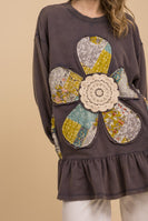 BlueVelvet French Terry Flower Patchwork Top in Washed Denim