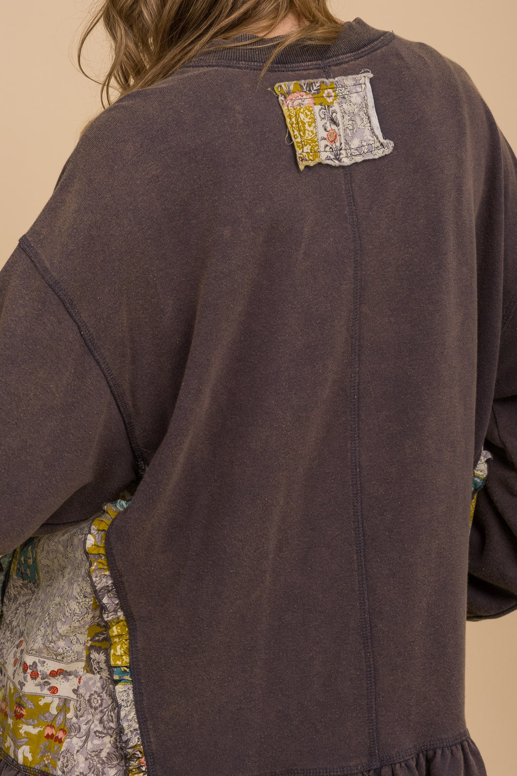 BlueVelvet French Terry Flower Patchwork Top in Washed Denim