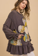 BlueVelvet French Terry Flower Patchwork Top in Washed Denim