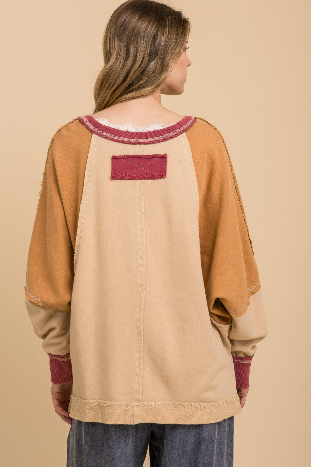 BlueVelvet Oversized Flower Patchwork Color Block Top in Natural