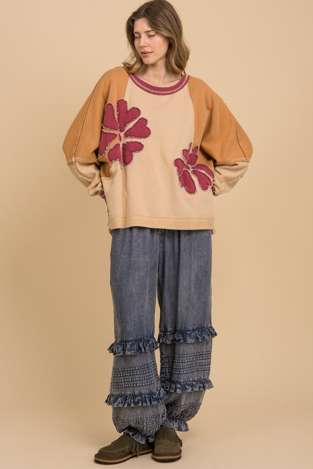 BlueVelvet Oversized Flower Patchwork Color Block Top in Natural