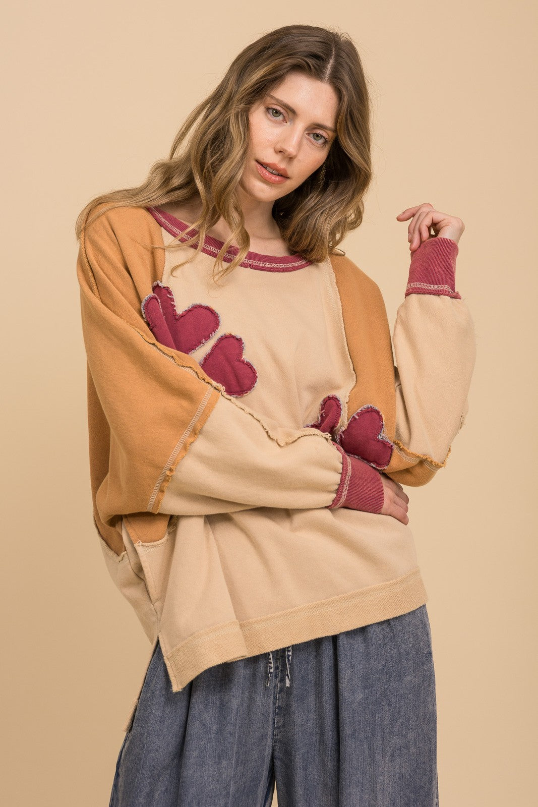 BlueVelvet Oversized Flower Patchwork Color Block Top in Natural