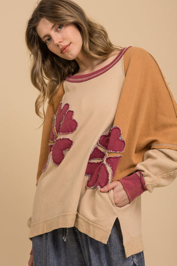 BlueVelvet Oversized Flower Patchwork Color Block Top in Natural Multi