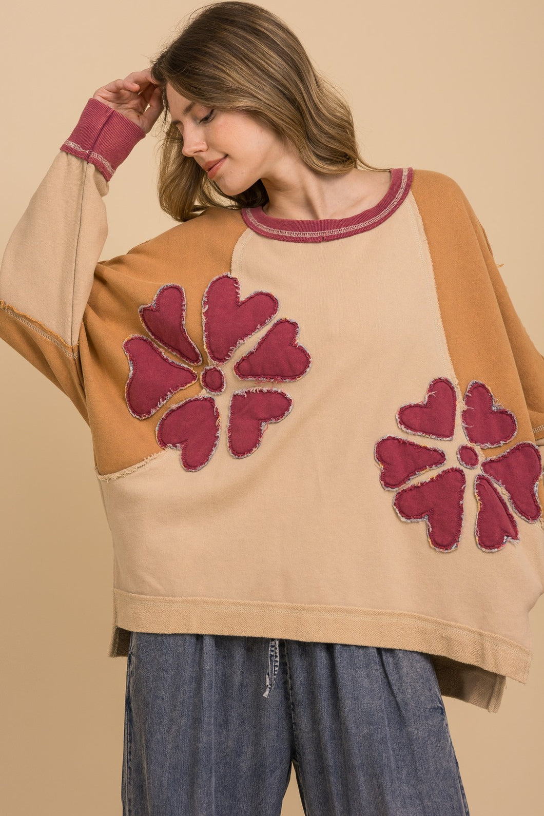 BlueVelvet Oversized Flower Patchwork Color Block Top in Natural