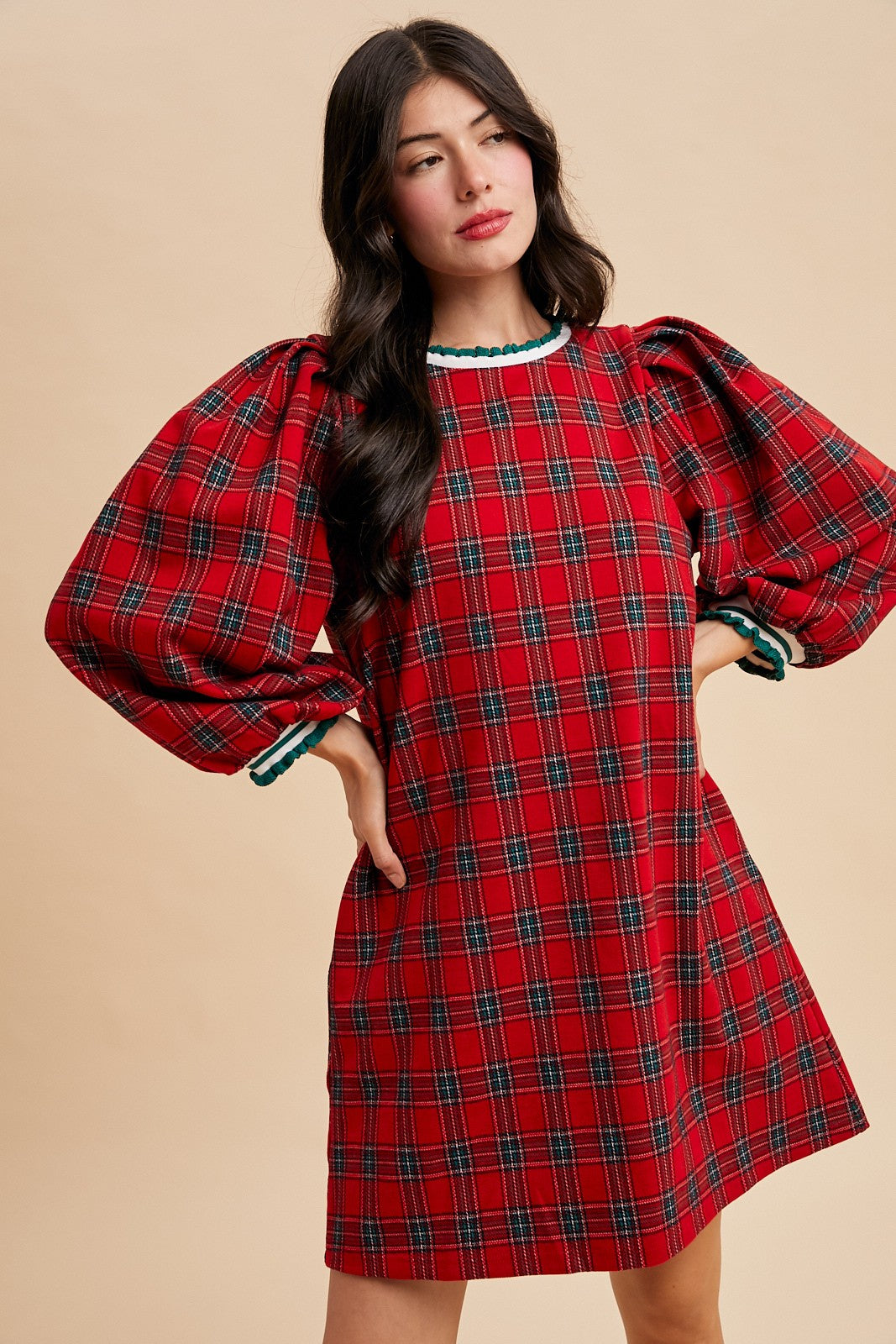 knee length dresses for ladies Anniewear Knit Plaid Midi Dress in Red M