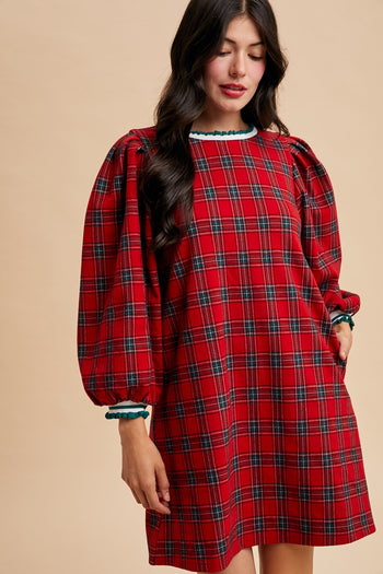 AnnieWear Knit Plaid Midi Dress in Red