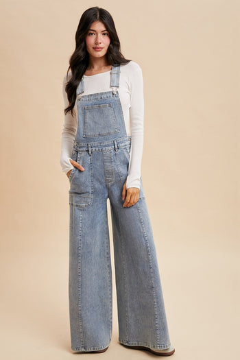 AnnieWear Denim Wide Leg Overalls in Medium Denim