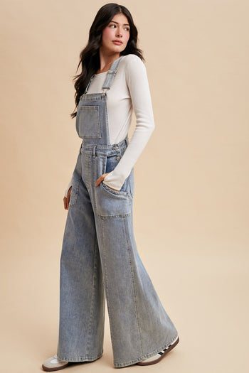 AnnieWear Denim Wide Leg Overalls in Medium Denim