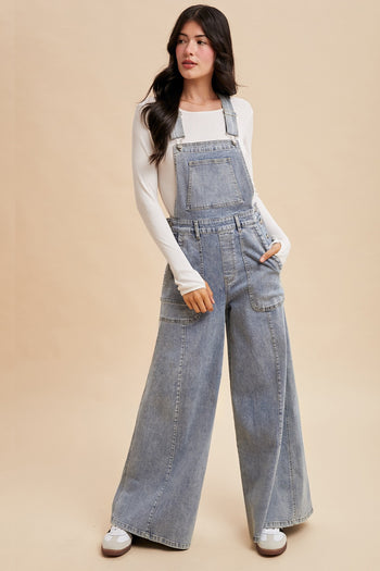 AnnieWear Denim Wide Leg Overalls in Medium Denim