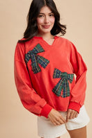 AnnieWear Mineral Washed Christmas Plaid Bow Patched Sweatshirt in Red