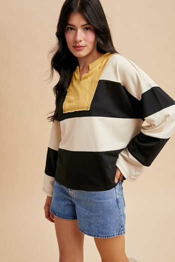 AnnieWear Colorblock Wide Striped Top with Contrasting Yoke in Cream/Black