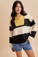 AnnieWear Colorblock Wide Striped Top with Contrasting Yoke in Cream/Black
