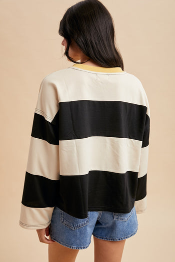 AnnieWear Colorblock Wide Striped Top with Contrasting Yoke in Cream/Black