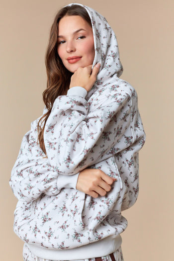 Peach Love Terry Knit Floral Print Hooded Top in Mocha/Ecru
