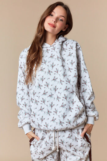 Peach Love Terry Knit Floral Print Hooded Top in Mocha/Ecru