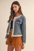 AnnieWear CROPPED Lace Trimmed Denim Jacket in Medium Denim