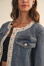 Load image into Gallery viewer, AnnieWear CROPPED Lace Trimmed Denim Jacket in Medium Denim
