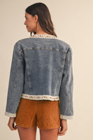 AnnieWear CROPPED Lace Trimmed Denim Jacket in Medium Denim