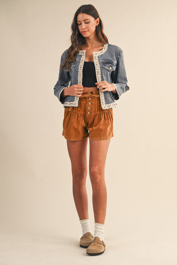 AnnieWear CROPPED Lace Trimmed Denim Jacket in Medium Denim