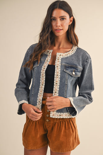 AnnieWear CROPPED Lace Trimmed Denim Jacket in Medium Denim